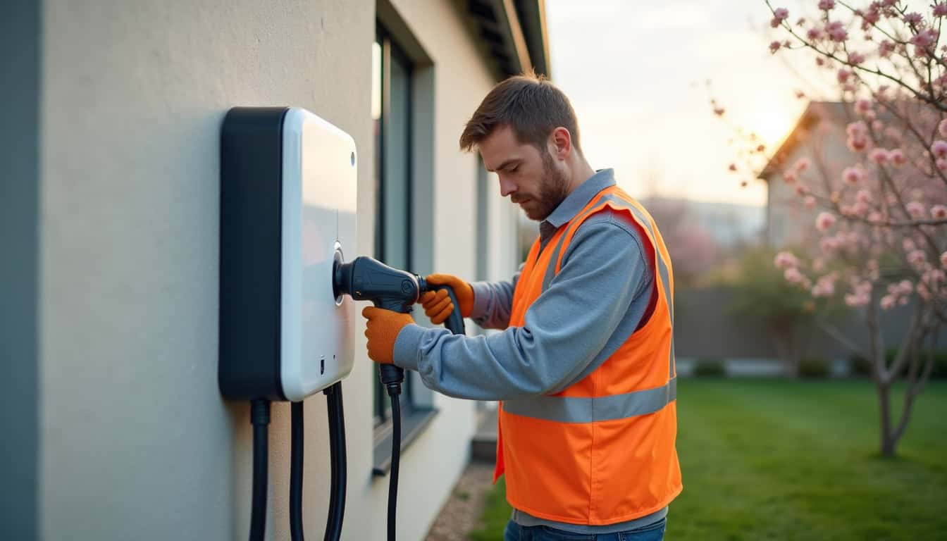 Technicien en train d'installer une borne de recharge électrique sur un mur extérieur