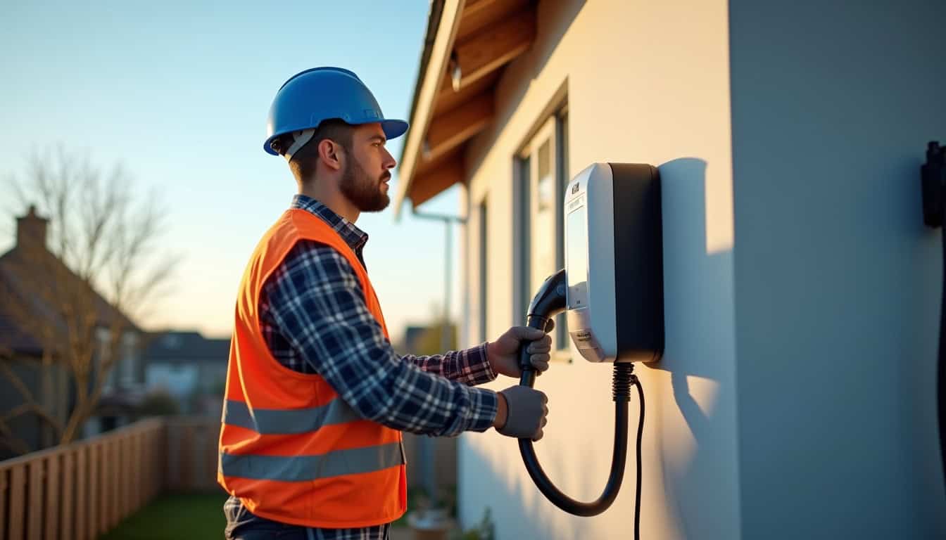 Technicien en train d’installer une borne de recharge électrique sur un mur extérieur