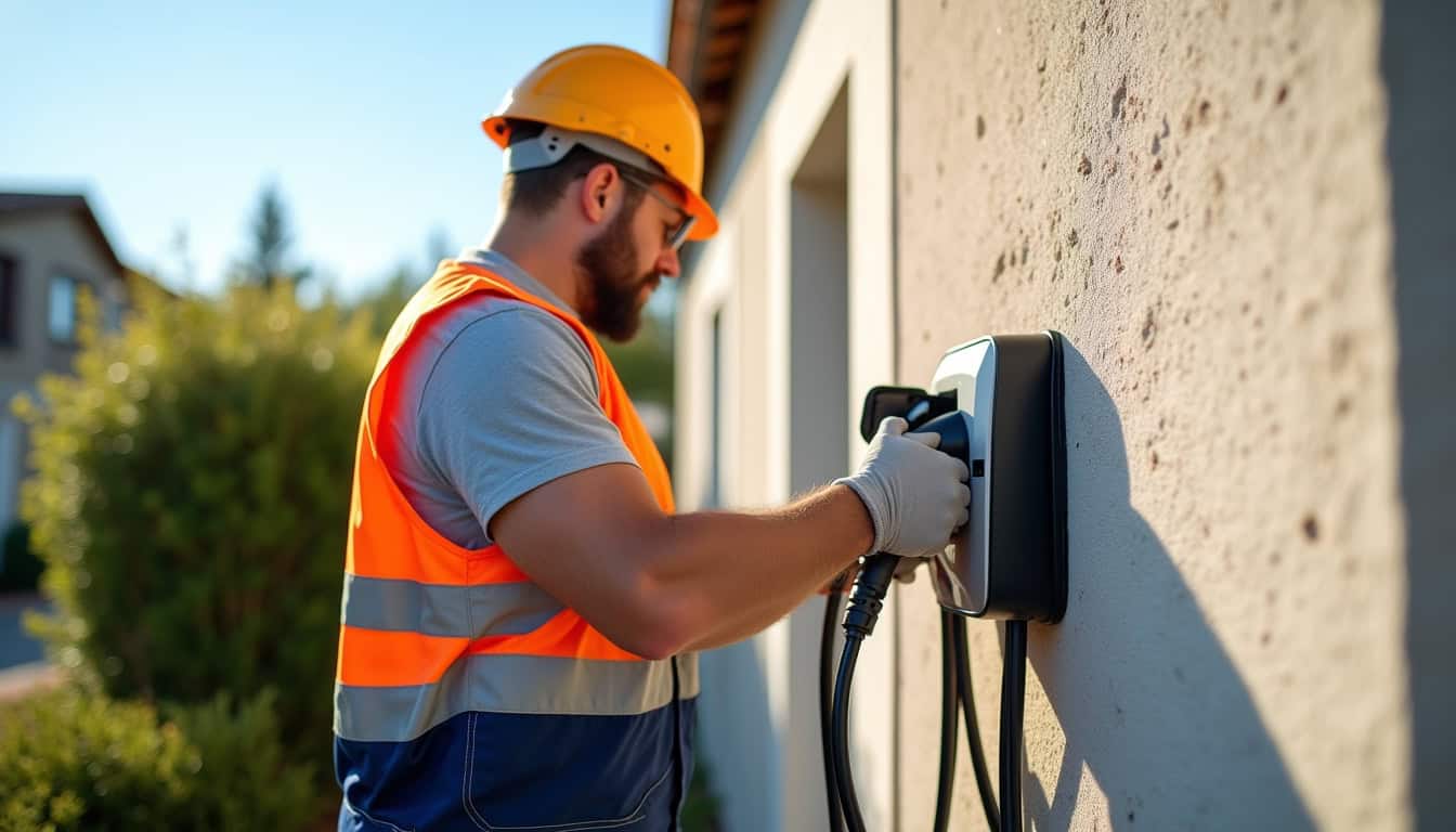 Technicien en train d'installer une borne de recharge électrique sur un mur extérieur