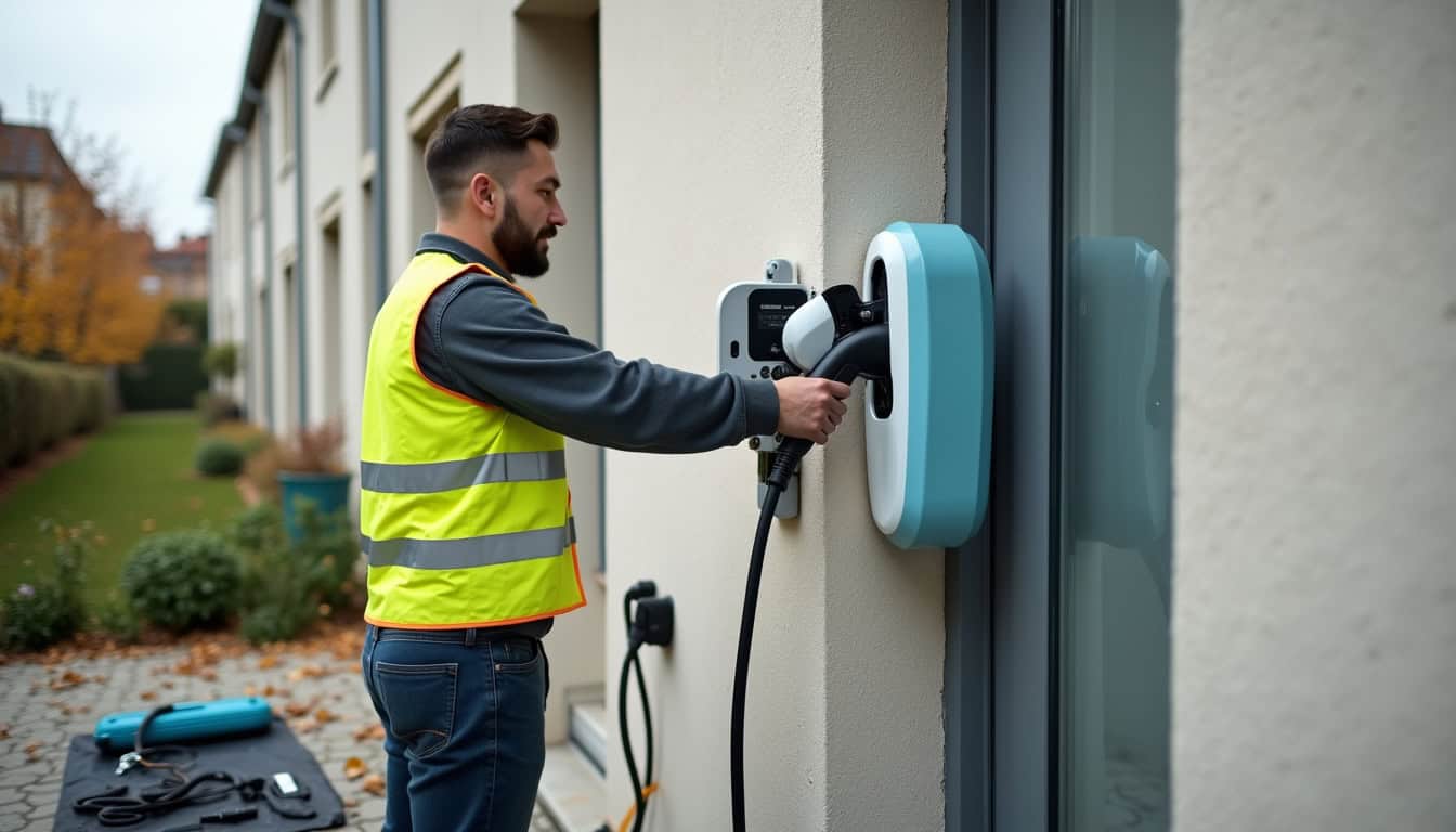 Technicien en train d'installer une borne de recharge électrique sur un mur extérieur