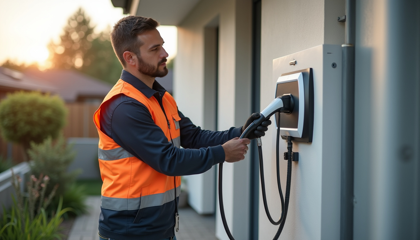 Technicien en train d'installer une borne de recharge électrique sur un mur extérieur