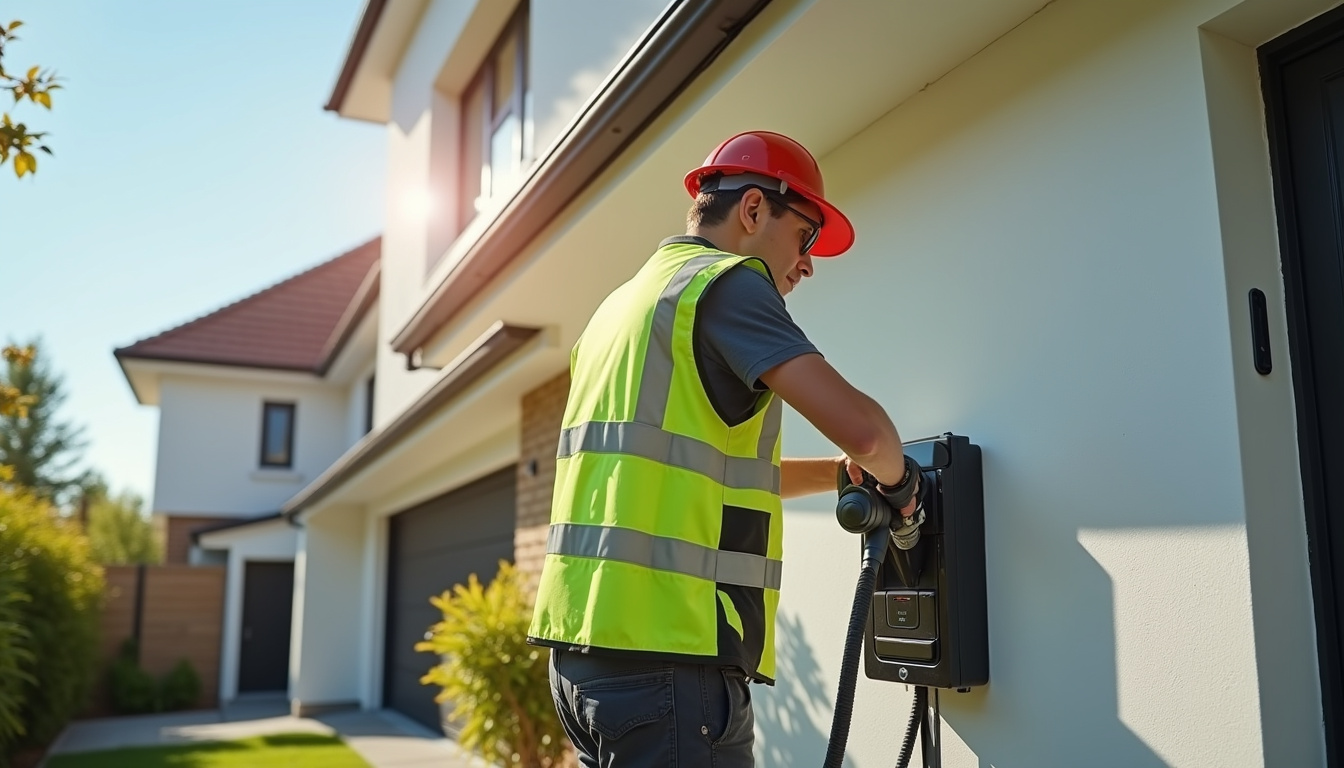 Technicien en train d’installer une borne de recharge électrique sur un mur extérieur
