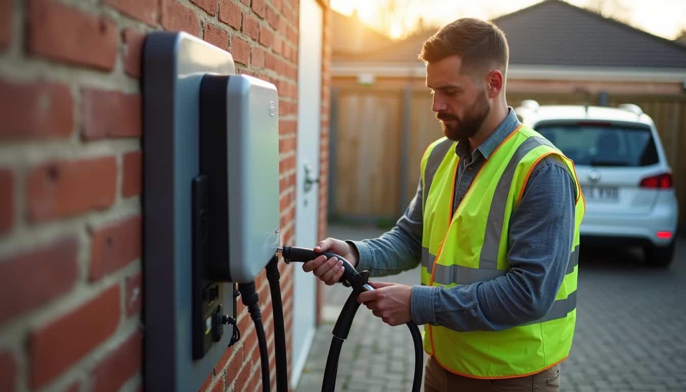 Technicien en train d’installer une borne de recharge électrique sur une place de parking privative