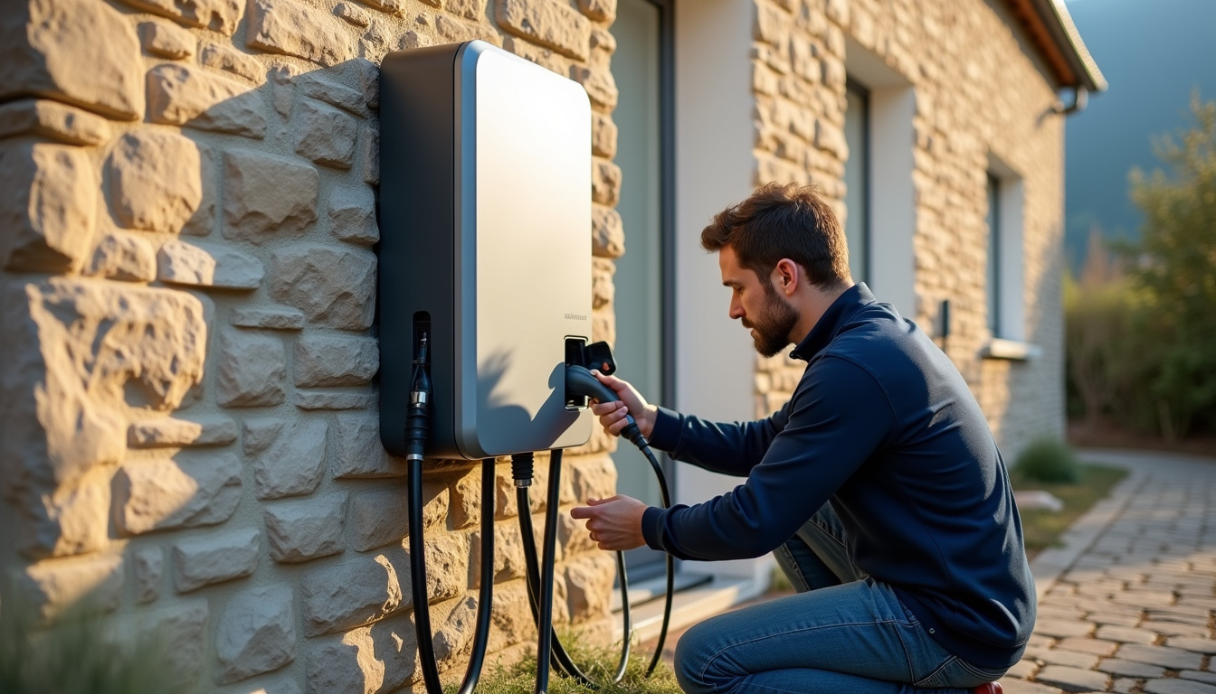 Technicien en train d'installer une borne de recharge électrique sur une propriété à Chambéry