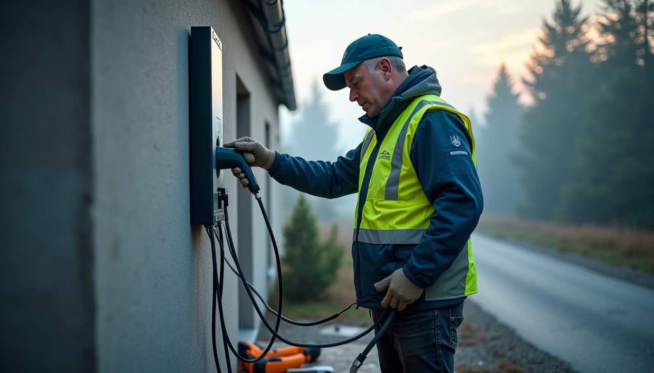 Technicien en train d'installer une borne de recharge électrique