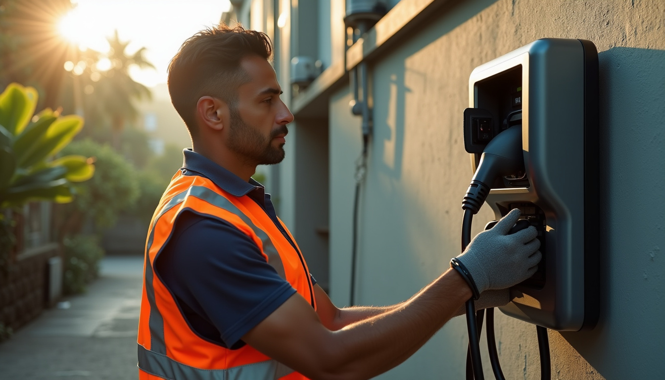 Technicien en train d'installer une borne de recharge IRVE à Saint-Laurent-du-Maroni
