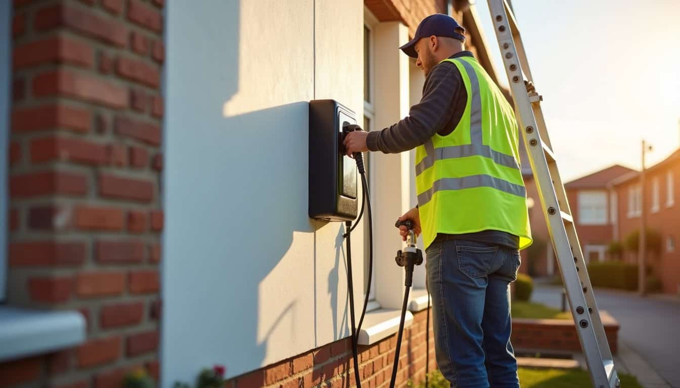 Technicien en train d'installer une borne de recharge murale à Bavans
