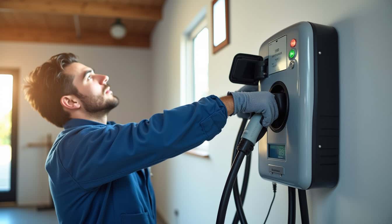 Technicien en train d’installer une borne de recharge murale à Boussières