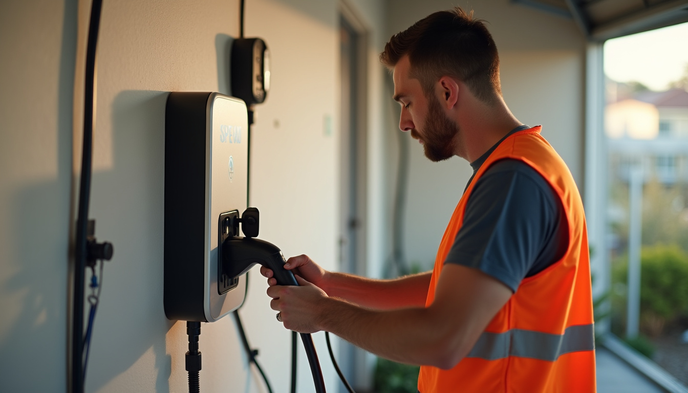 Technicien en train d'installer une borne de recharge murale à Carros