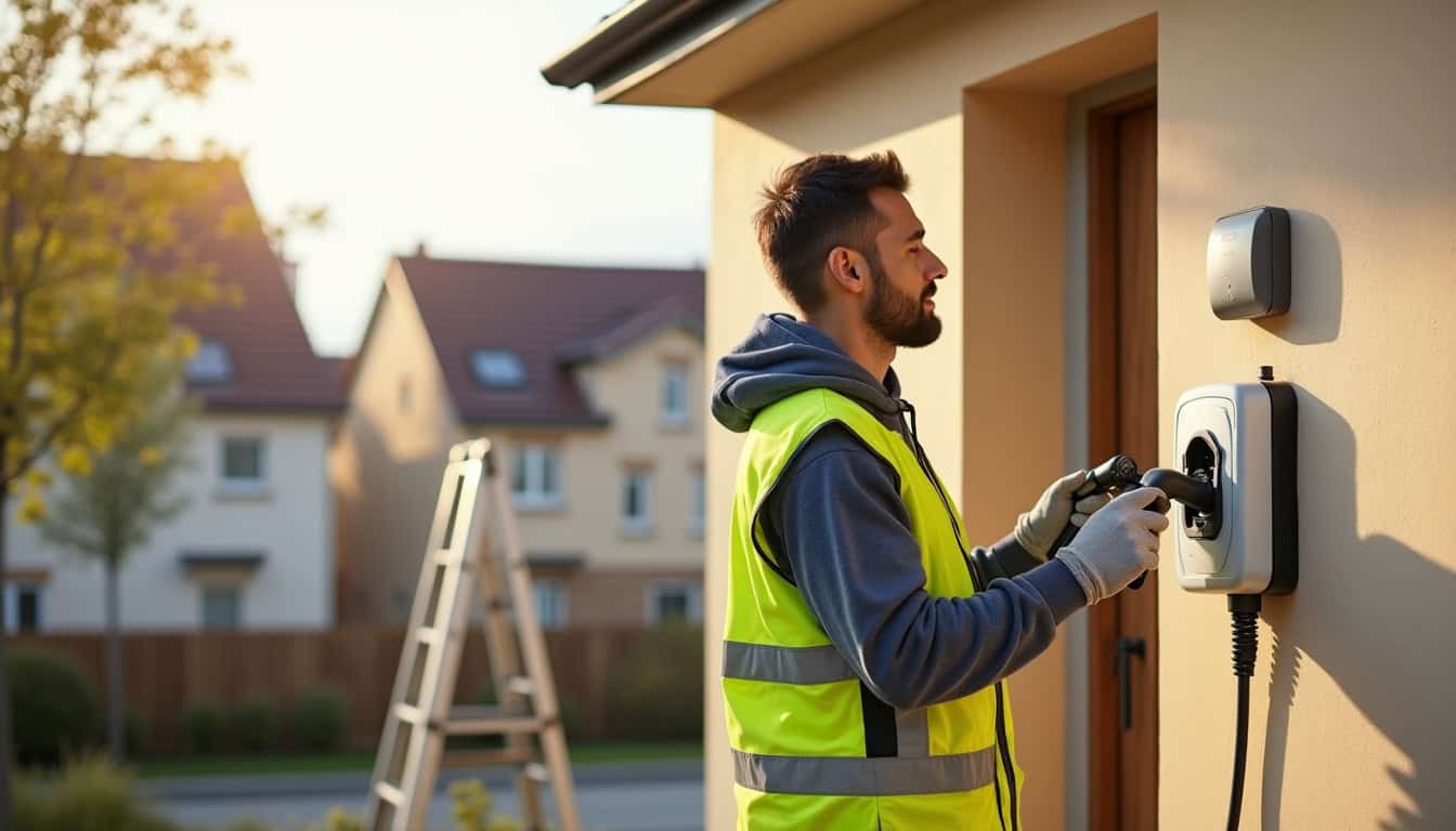 Technicien en train d'installer une borne de recharge murale à Langeais