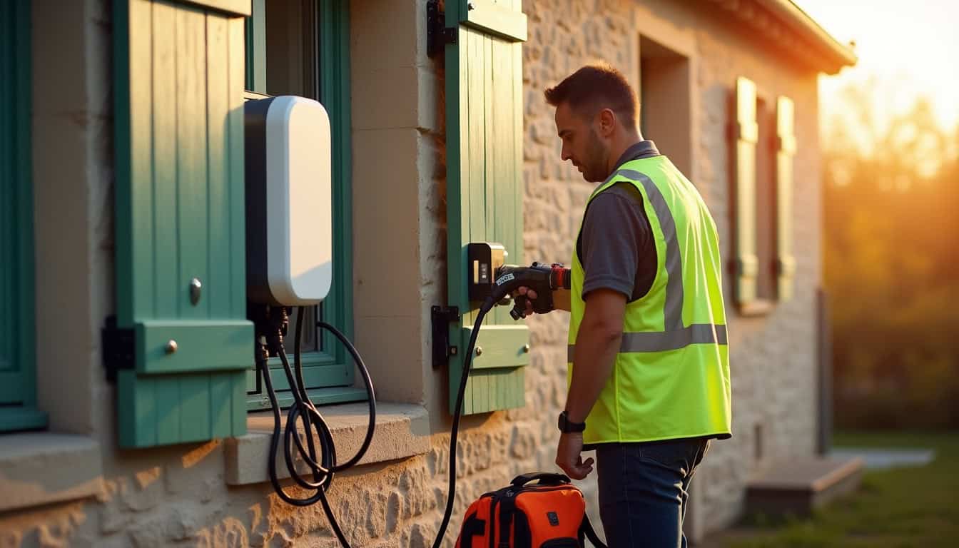 Technicien en train d’installer une borne de recharge murale à l’extérieur d’une maison individuelle