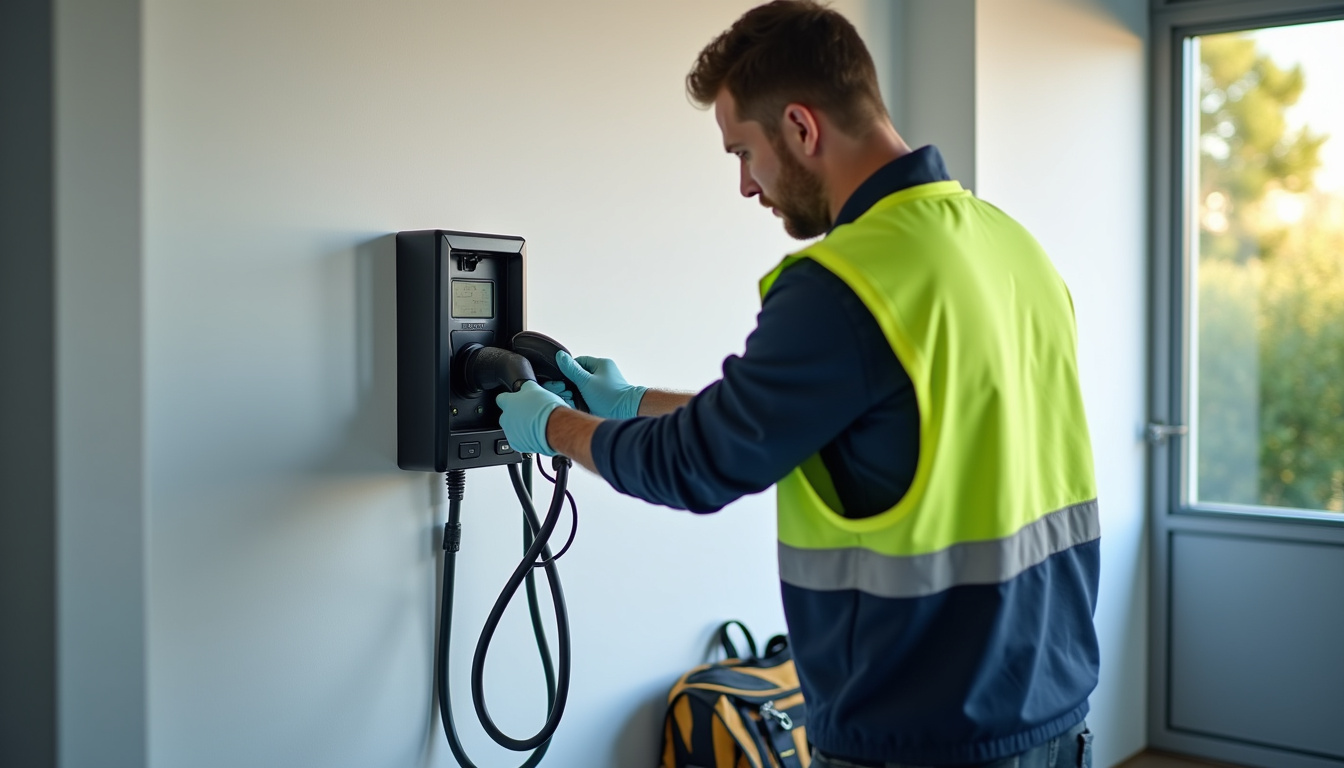 Technicien en train d'installer une borne de recharge murale à Meauzac