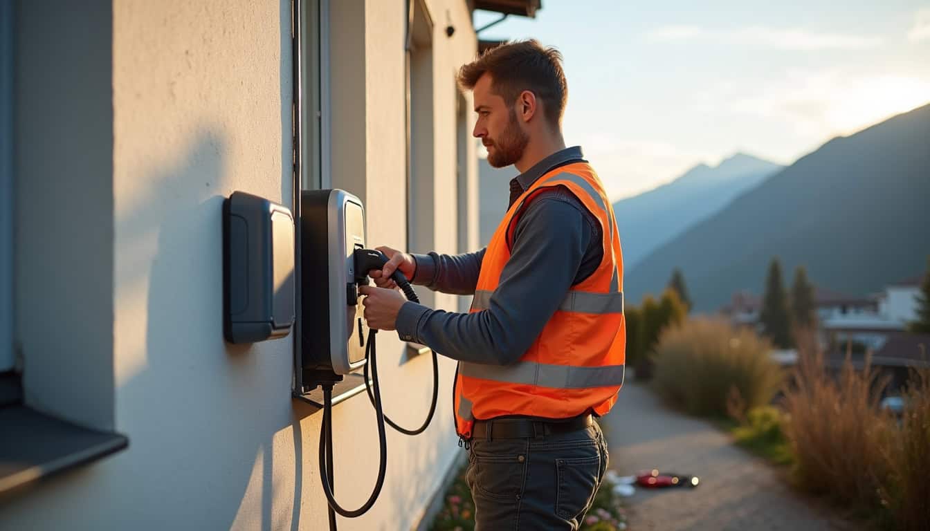 Technicien en train d'installer une borne de recharge murale à Poisy