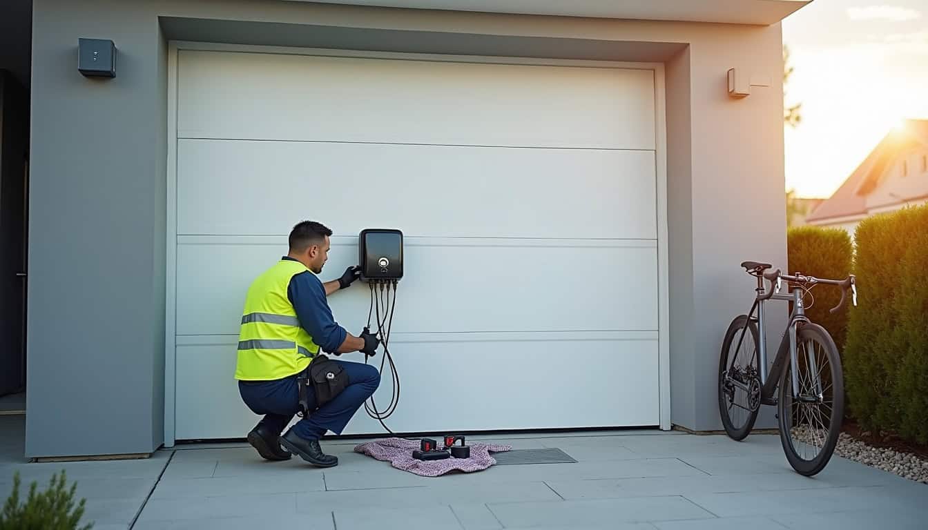 Technicien en train d'installer une borne de recharge murale à Saint-Germain-la-Blanche-Herbe