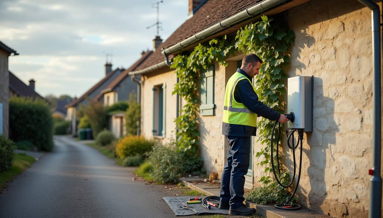 Technicien en train d'installer une borne de recharge murale à Saint-Jean-du-Cardonnay
