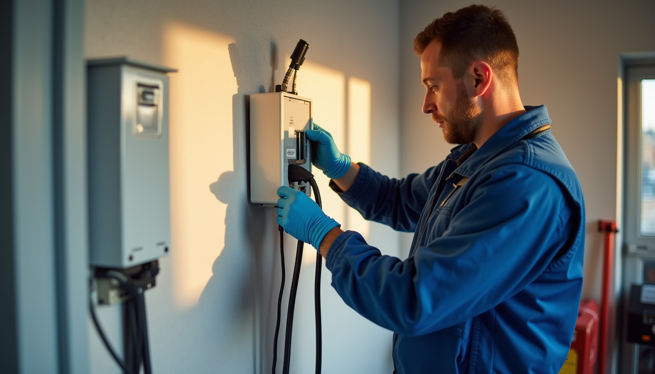 Technicien en train d'installer une borne de recharge murale chez un particulier à Pézilla-la-Rivière