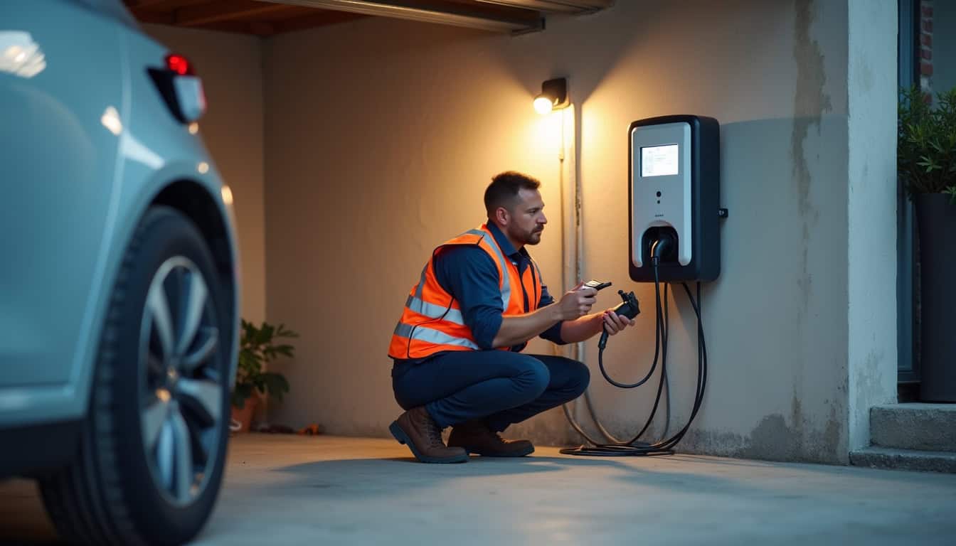 Technicien en train d'installer une borne de recharge murale dans un garage à Arcueil