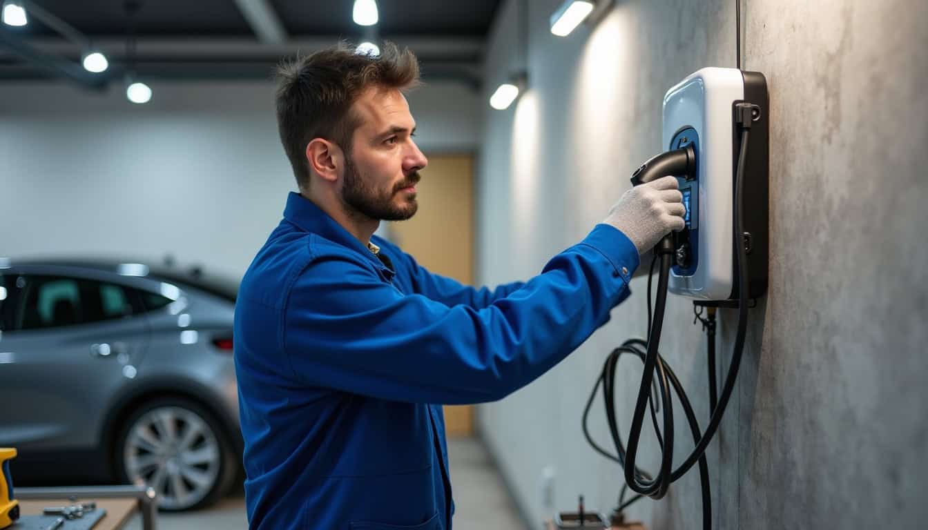 Technicien en train d'installer une borne de recharge murale dans un garage à Boé
