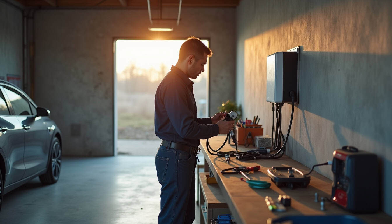 Technicien en train d’installer une borne de recharge murale dans un garage à Bouzigues