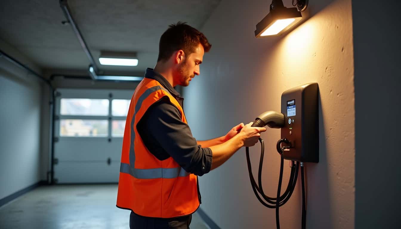 Technicien en train d'installer une borne de recharge murale dans un garage à Chauvigny
