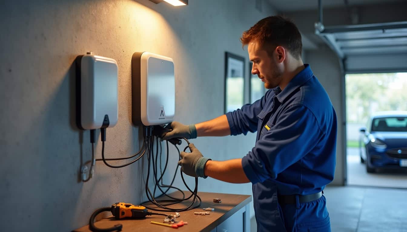 Technicien en train d’installer une borne de recharge murale dans un garage à Chavagnes-en-Paillers