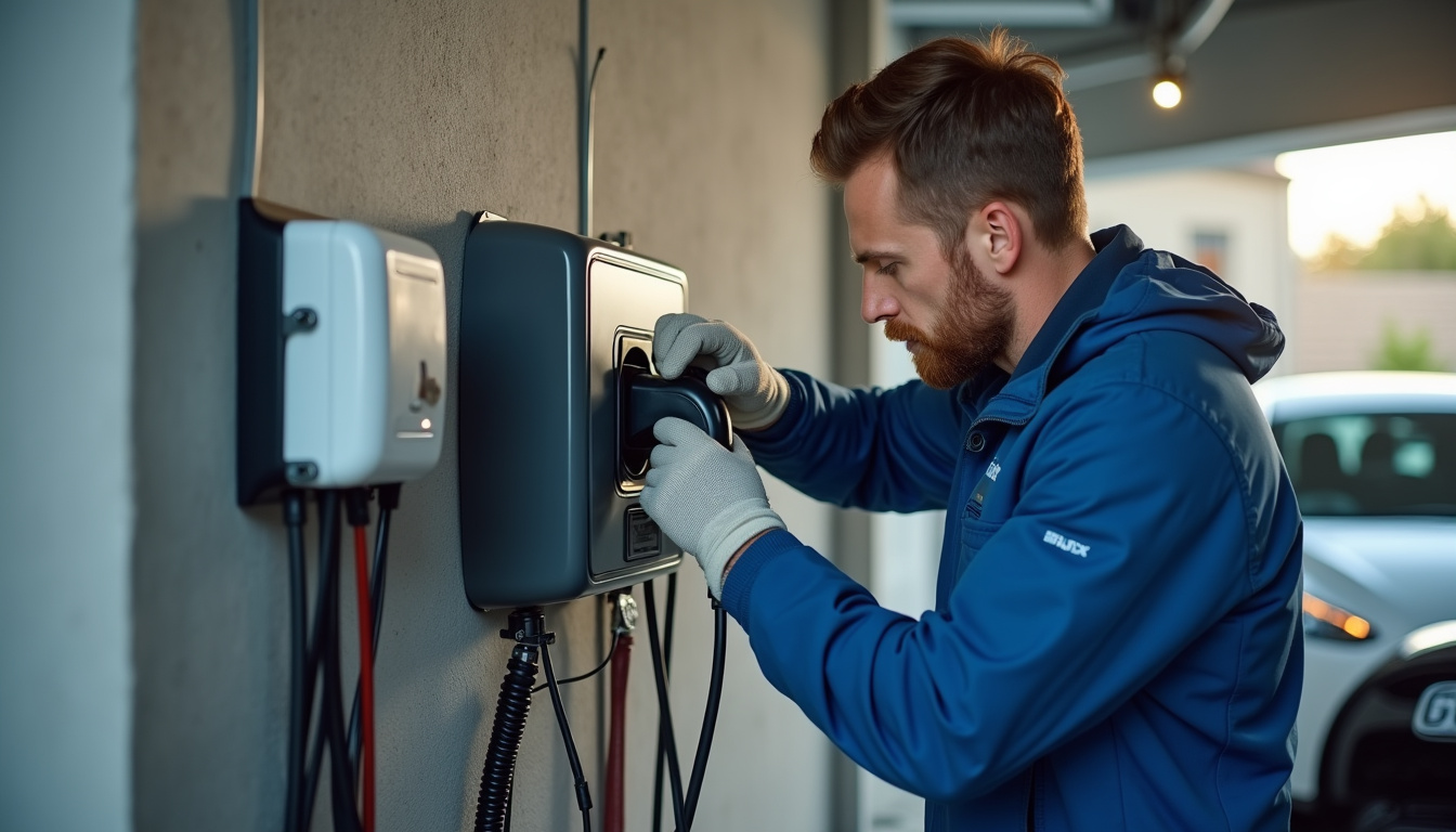 Technicien en train d'installer une borne de recharge murale dans un garage à Langueux