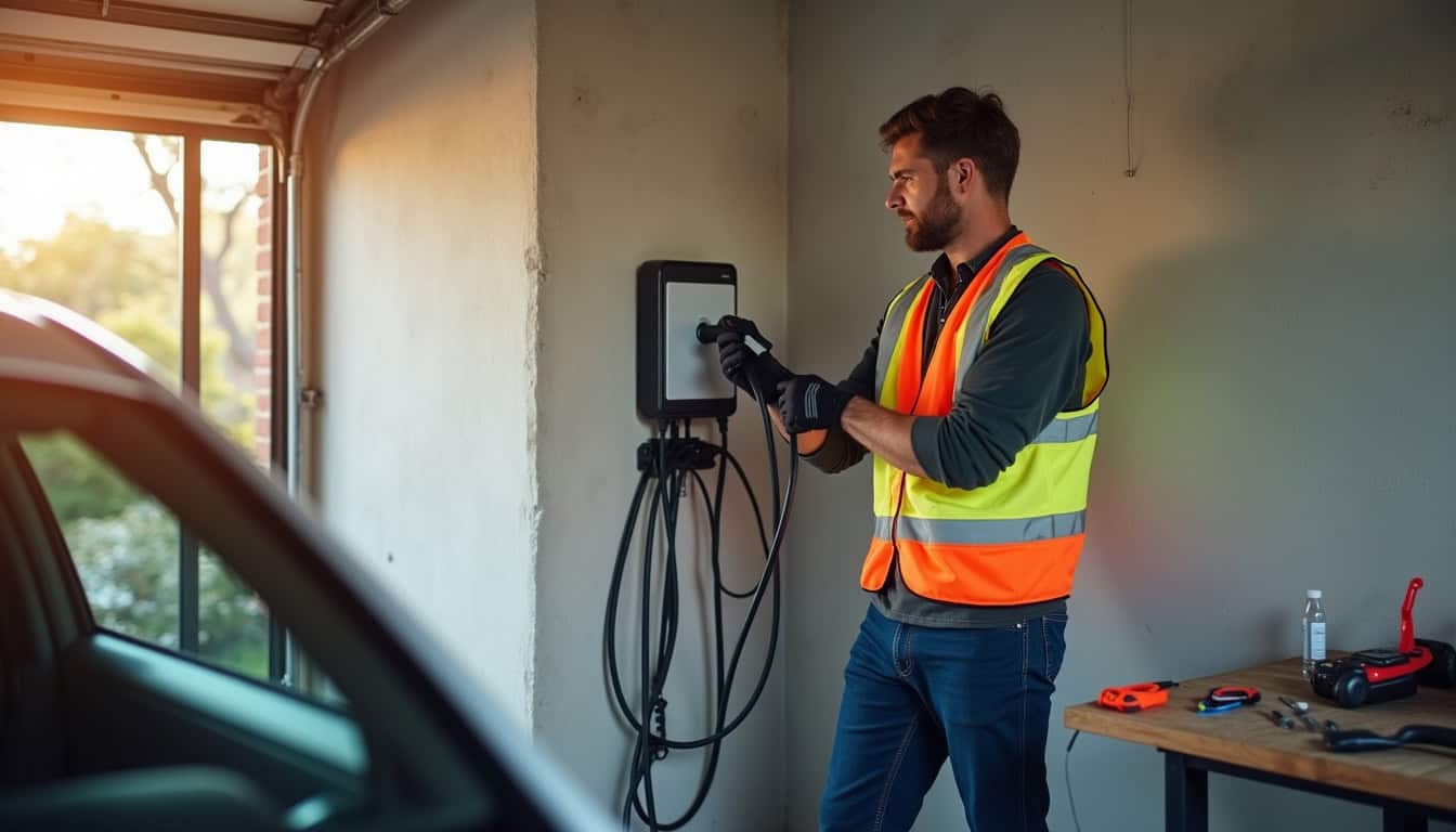 Technicien en train d’installer une borne de recharge murale dans un garage à Sainte-Luce-sur-Loire