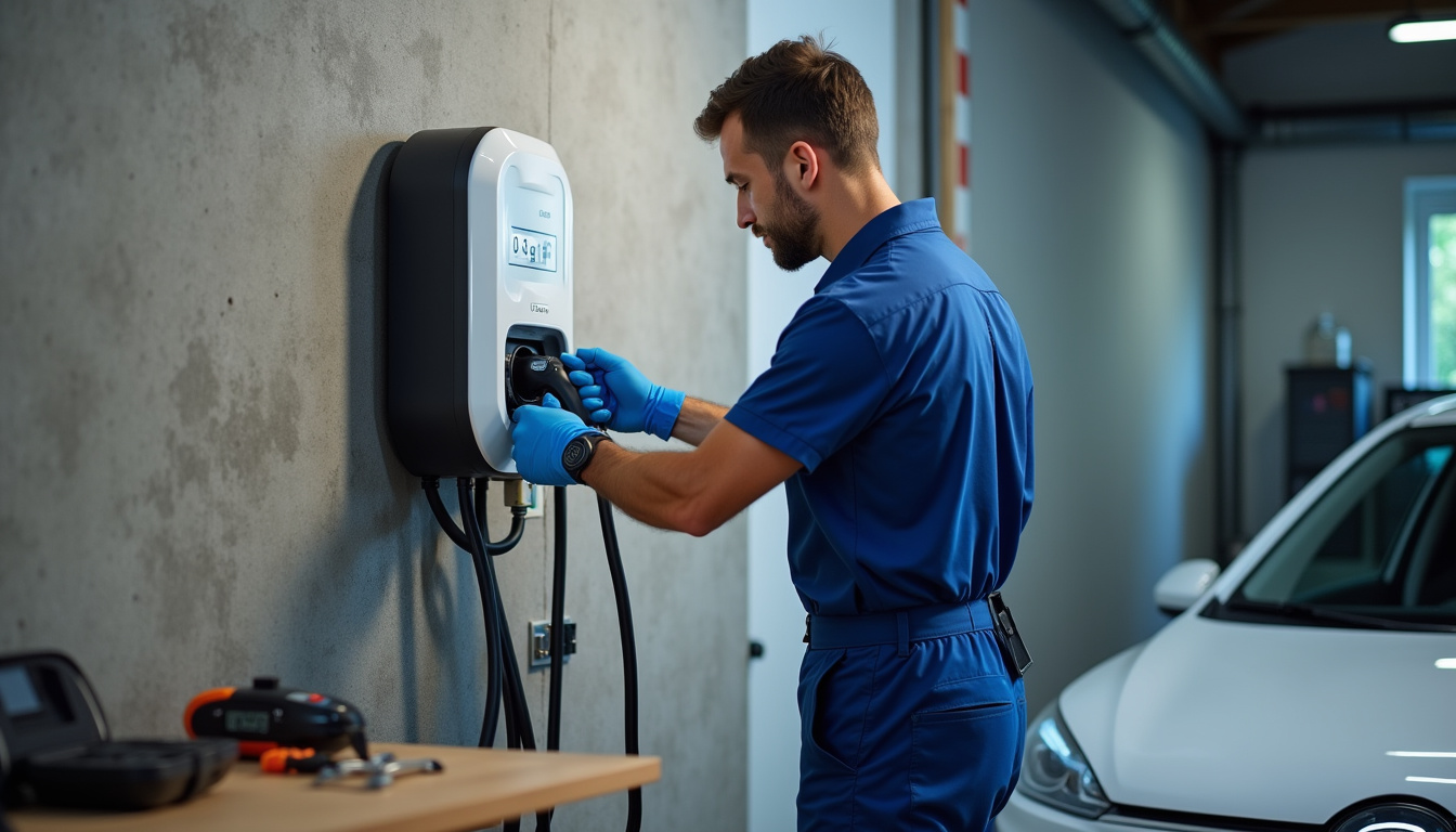 Technicien en train d'installer une borne de recharge murale dans un garage à Tournan-en-Brie
