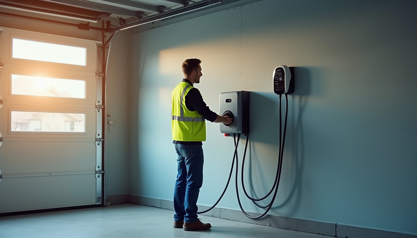 Technicien en train d’installer une borne de recharge murale dans un garage