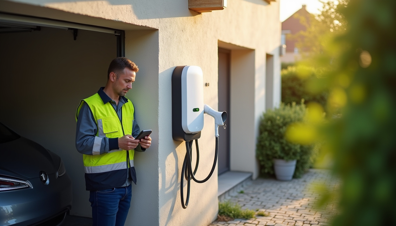 Technicien en train d’installer une borne de recharge murale devant un garage à Ourville-en-Caux