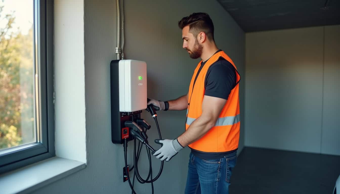 Technicien en train d’installer une borne de recharge murale pour un particulier à Saint-Méen-le-Grand