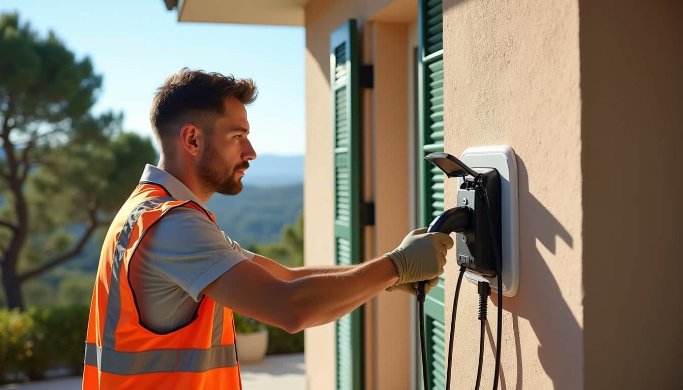 Technicien en train d'installer une borne de recharge murale pour véhicule électrique à Gassin
