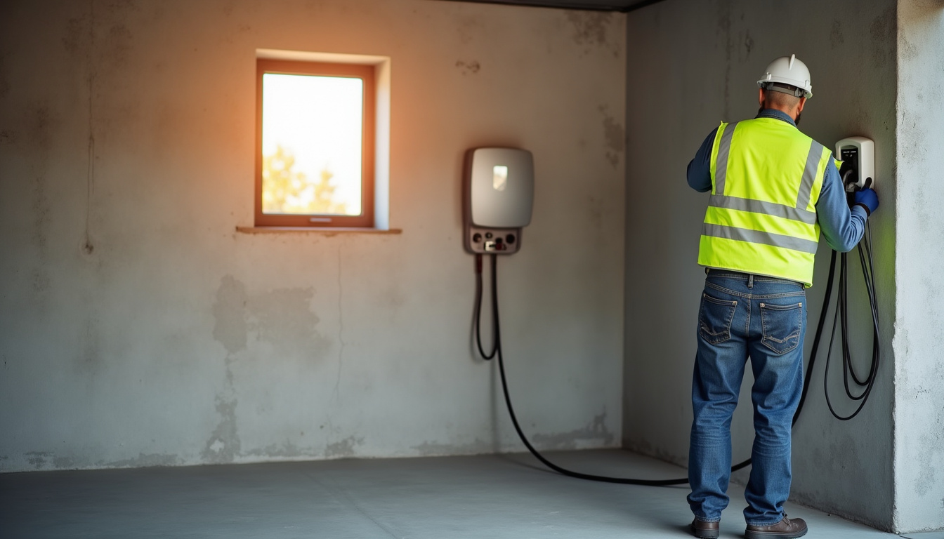 Technicien en train d'installer une borne de recharge murale pour véhicule électrique à Maignelay-Montigny