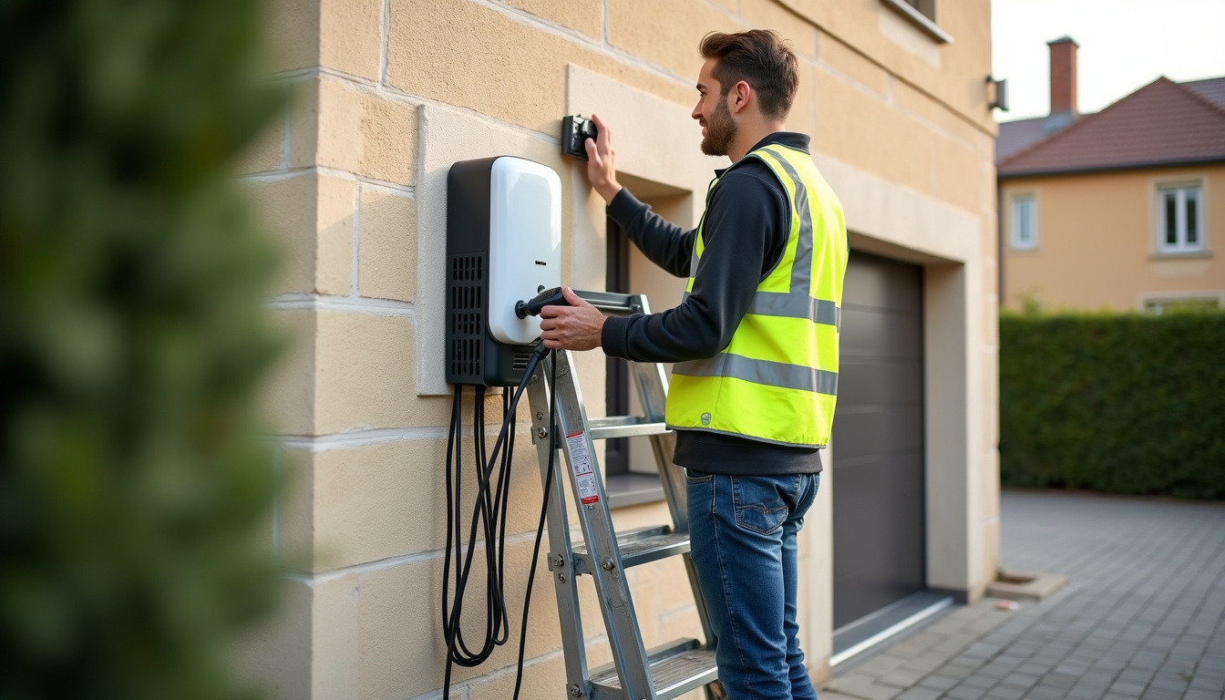 Technicien en train d'installer une borne de recharge murale sur le mur extérieur d'une maison à Saint-Martin-le-Nœud