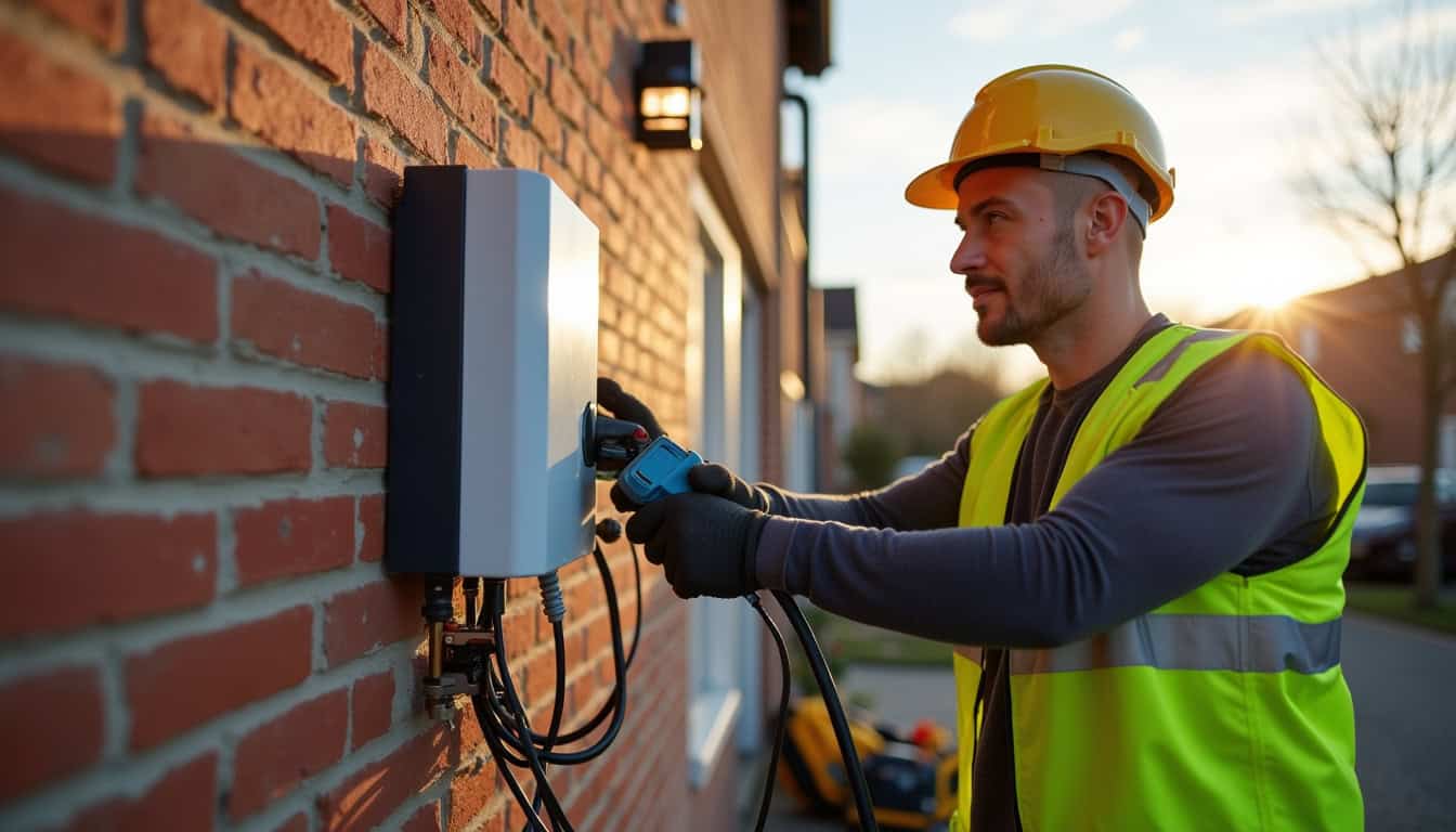 Technicien en train d'installer une borne de recharge murale sur un mur extérieur, avec câblage électrique et outils professionnels
