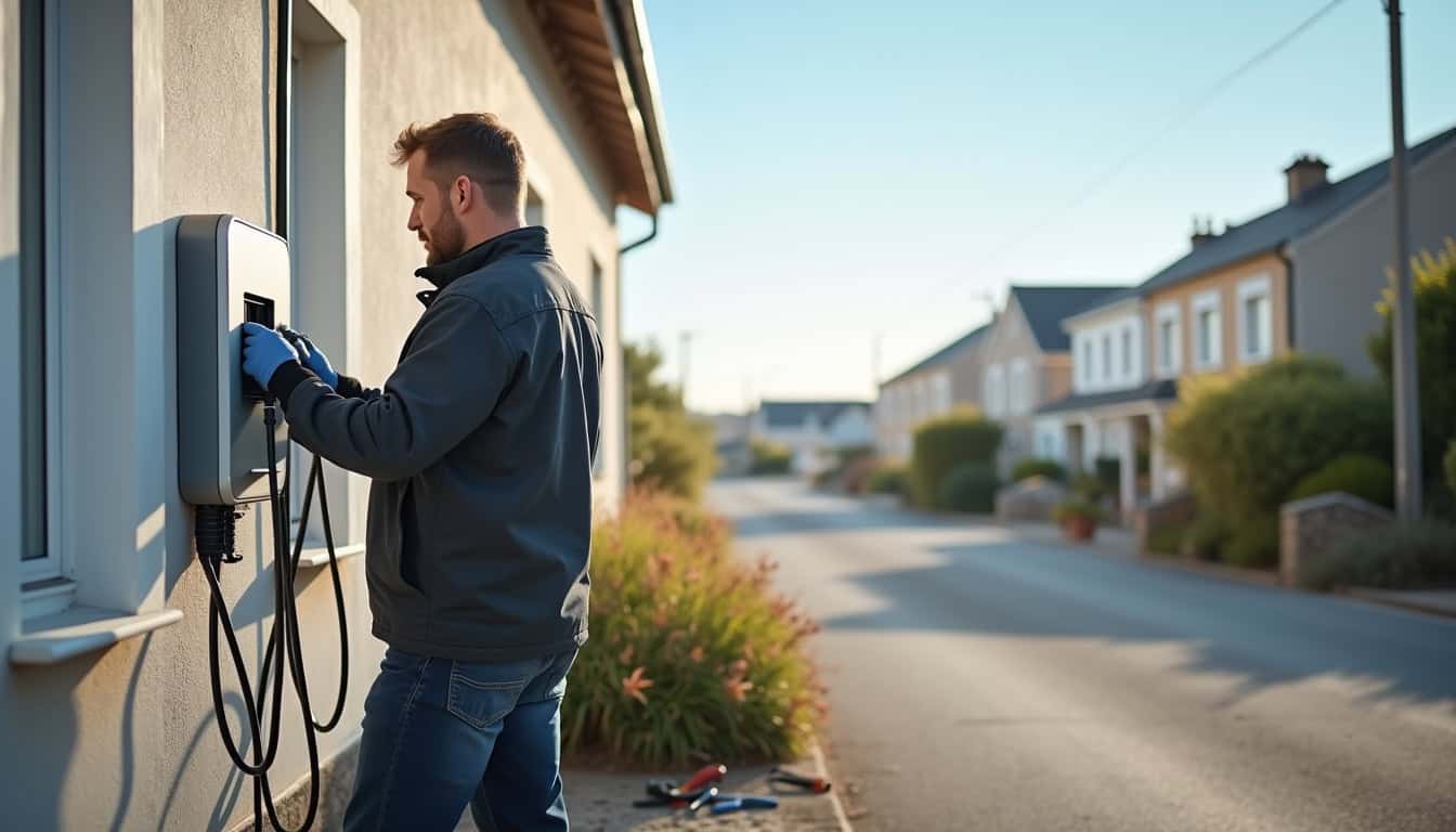Technicien en train d'installer une borne de recharge murale sur un mur extérieur d'une maison à Saint-Brevin-les-Pins