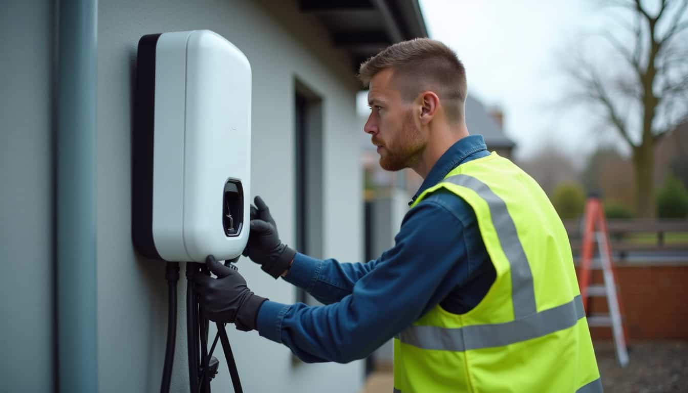 Technicien en train d'installer une borne de recharge murale sur un mur extérieur