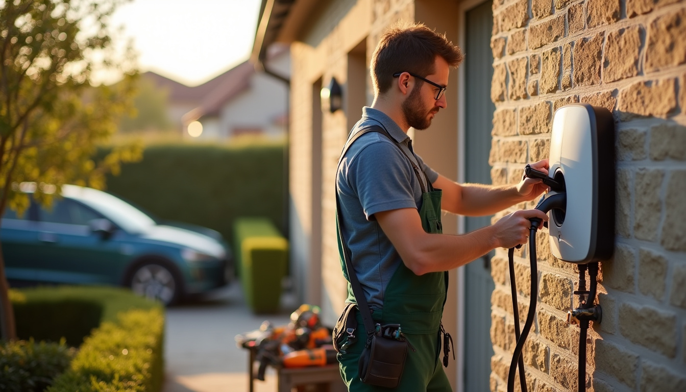 Technicien en train d’installer une borne de recharge murale sur un mur extérieur