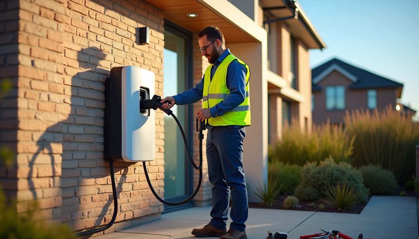 Technicien en train d'installer une borne de recharge murale sur un mur extérieur