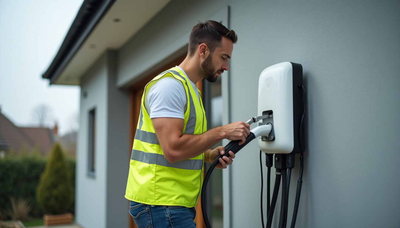 Technicien en train d'installer une borne de recharge murale sur un mur extérieur