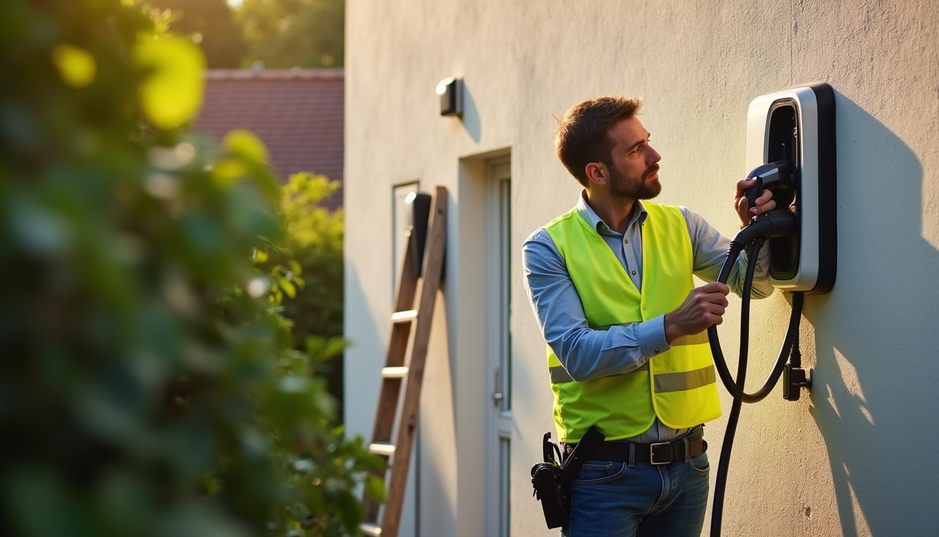 Technicien en train d'installer une borne de recharge pour véhicule électrique à Baguer-Pican