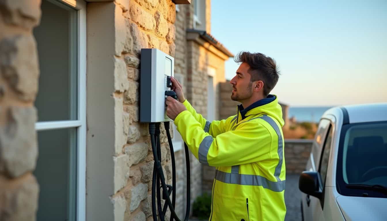 Technicien en train d'installer une borne de recharge pour véhicule électrique à Blonville-sur-Mer