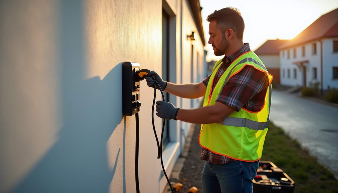 Technicien en train d'installer une borne de recharge pour véhicule électrique à Montierchaume