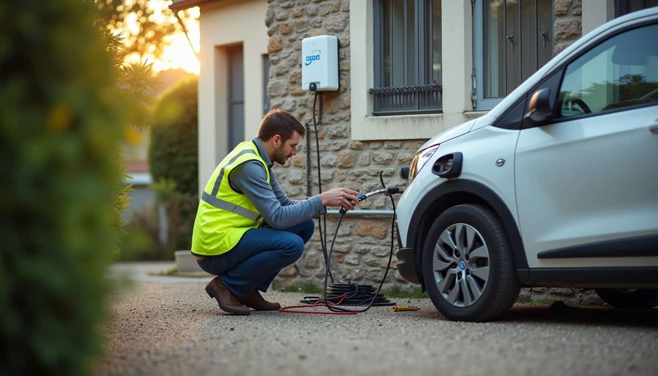 Technicien en train d'installer une borne de recharge pour véhicule électrique à Saint-Thuriau