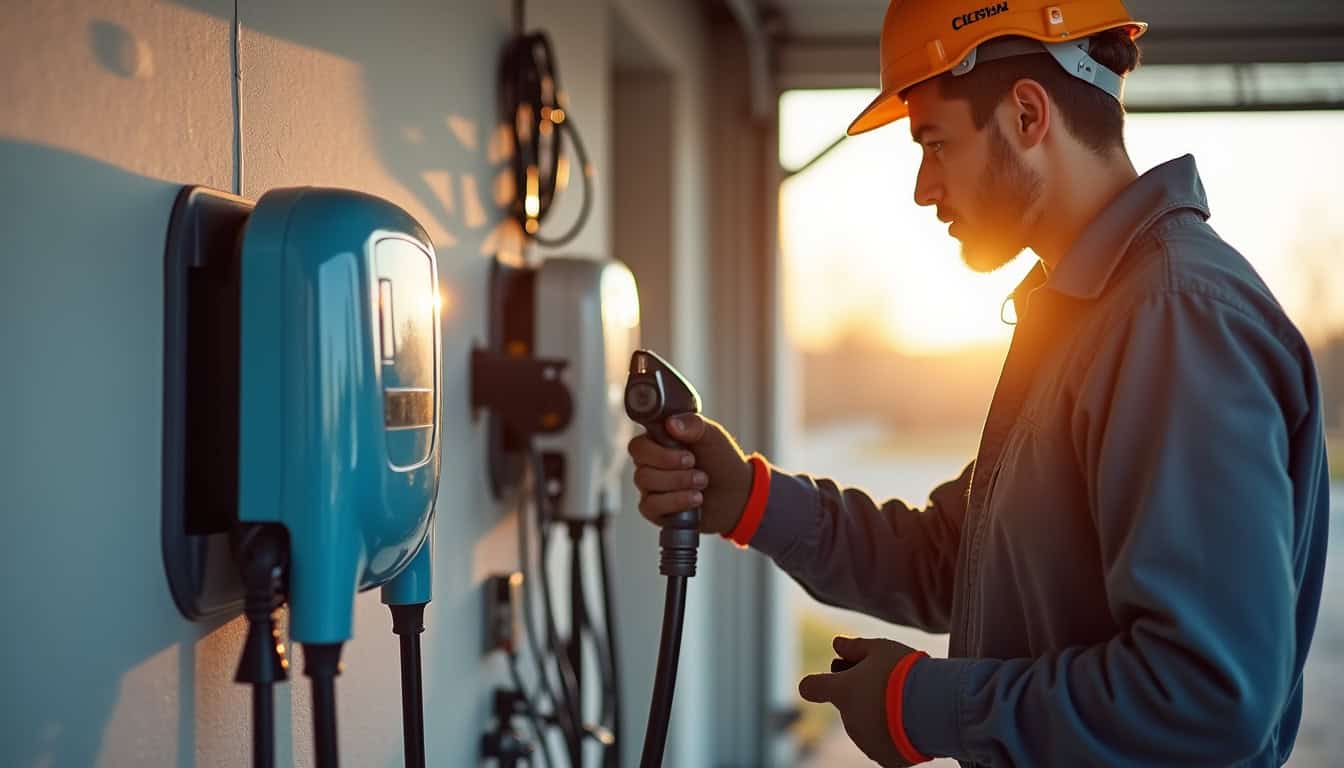 Technicien en train d'installer une borne de recharge pour véhicule électrique