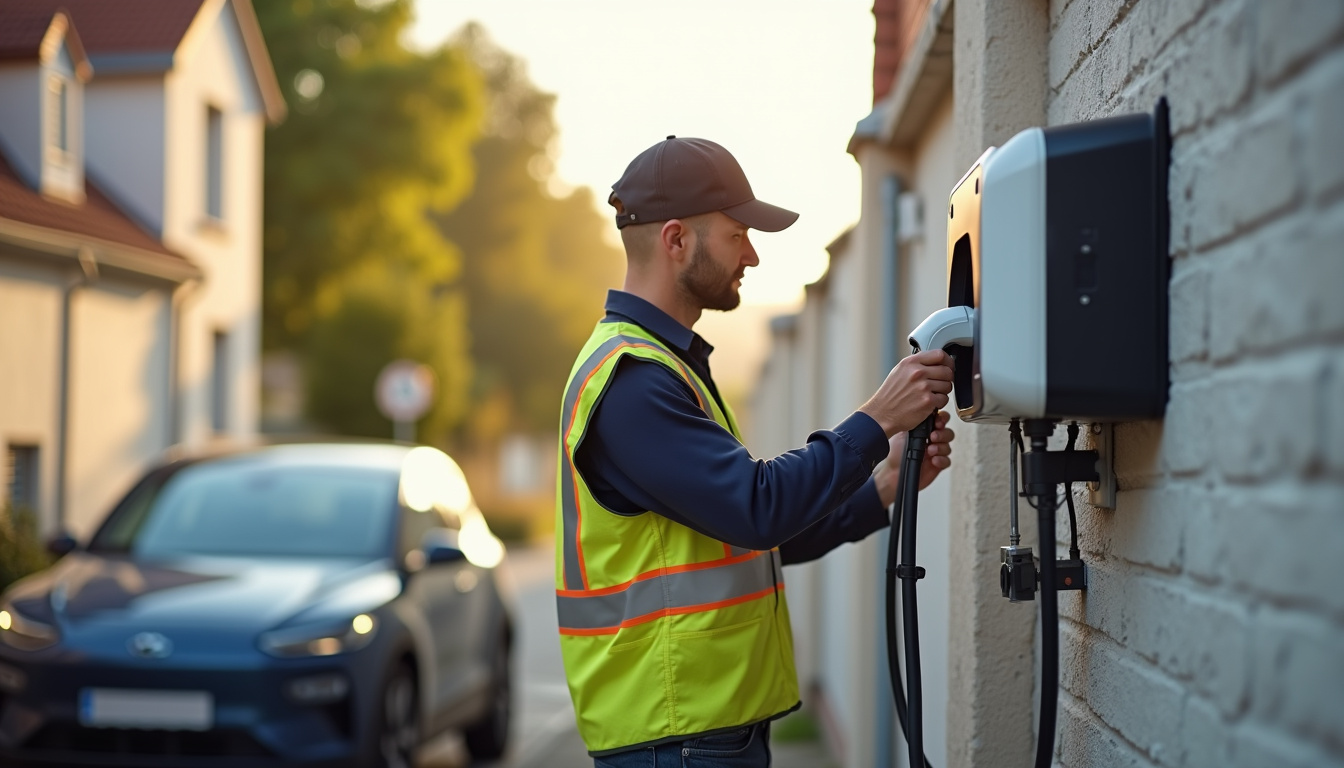 Technicien en train d'installer une borne de recharge pour voiture électrique à Montrabé