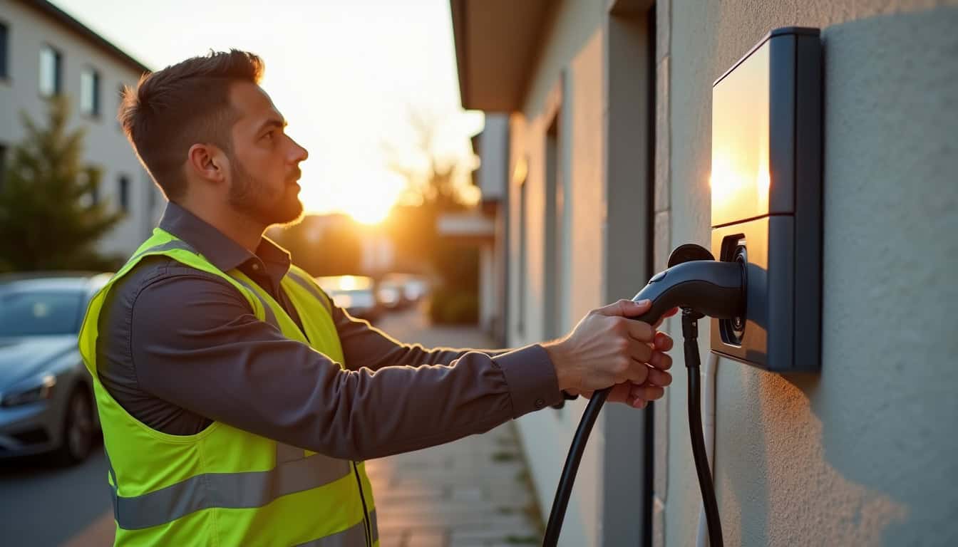 Technicien en train d'installer une borne de recharge pour voiture électrique à Noisy-le-sec