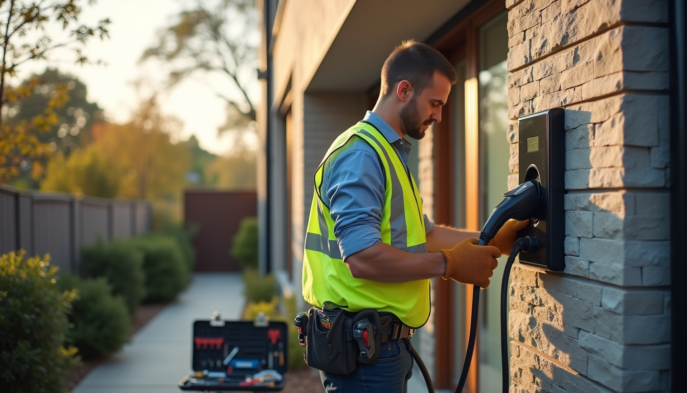 Technicien en train d’installer une borne de recharge sur le mur d’une maison