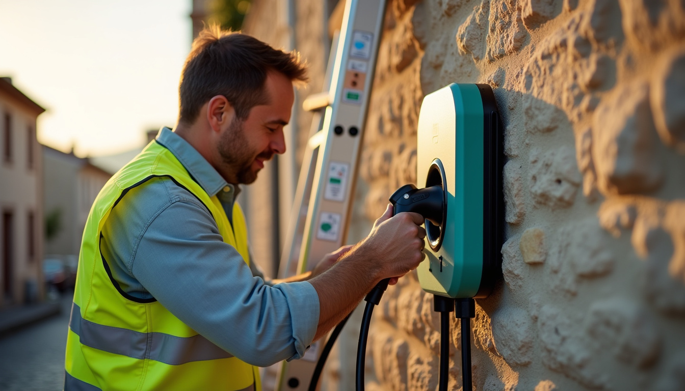 Technicien en train d'installer une borne de recharge sur un mur extérieur à Malaucène