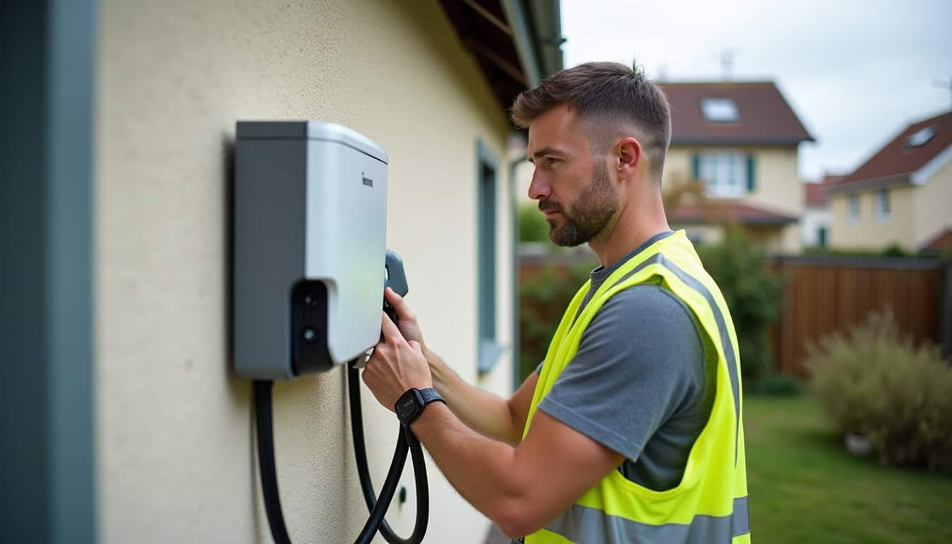 Technicien en train d'installer une borne de recharge sur un mur extérieur à Rochy-Condé